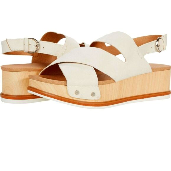 Dr Scholl's Sandals Wood Platform Leather Off White Metallic‎ Buckle Slingback 9 - Picture 7 of 7